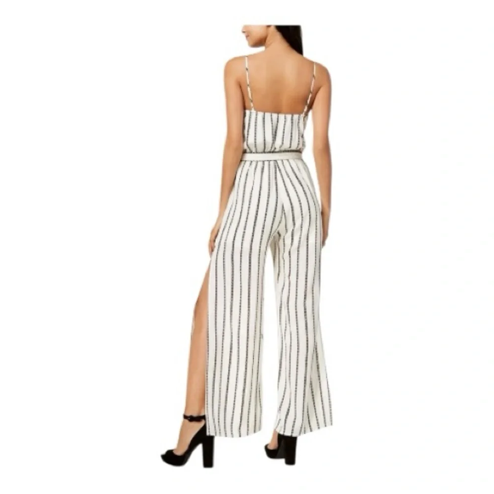 EUC One Clothing ivory & brown striped wide leg jumpsuit w/ belt | size large - Picture 2 of 12